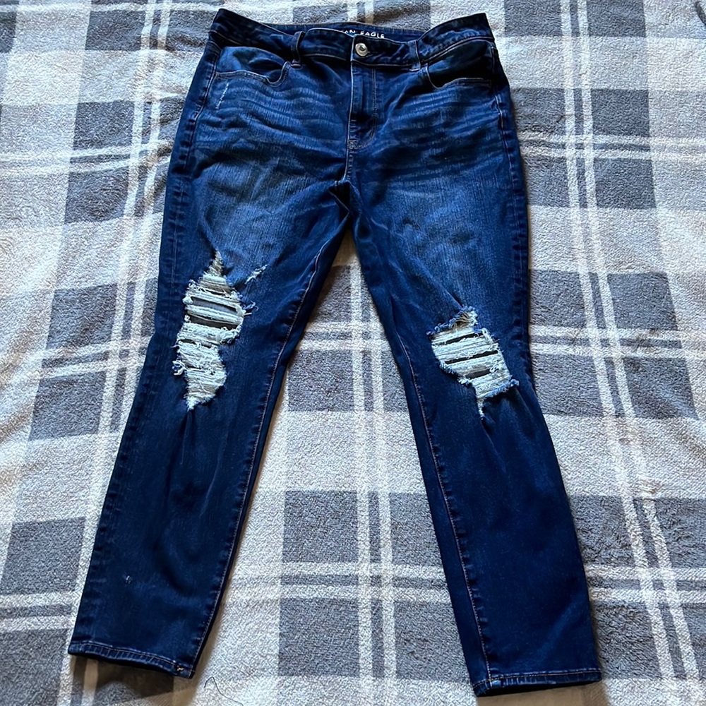 AE Hi Rise Jeggings 360 Ne(X)t Level Stretch Dark Destroy Wash 14 SHORT